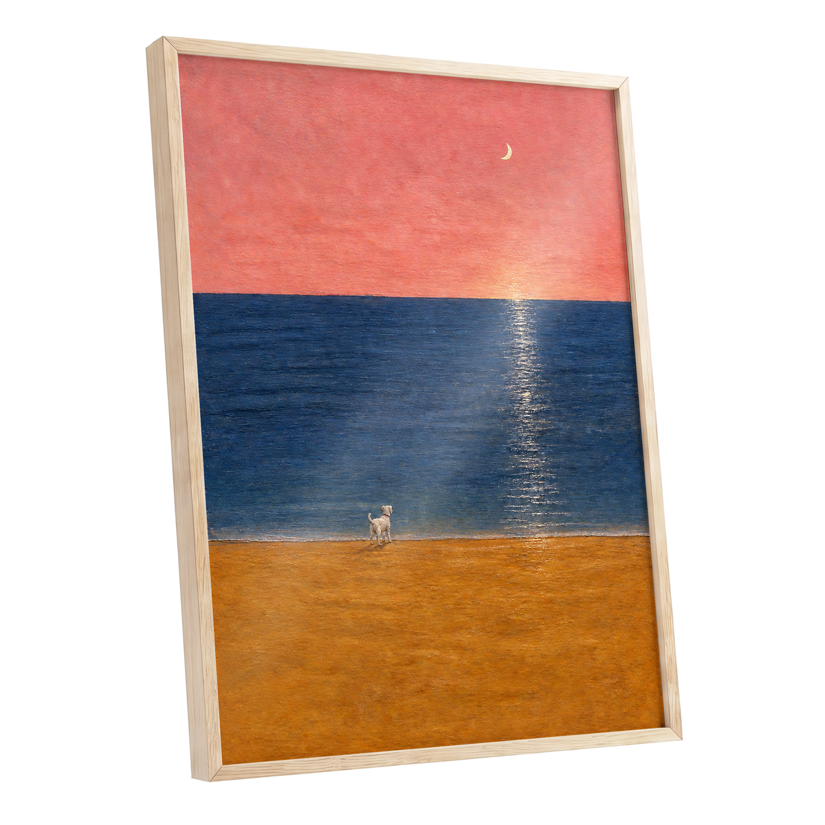 A Little Moonlit Wanderer, pink, blue, orange nature wall art shown as a oak framed poster wall art print