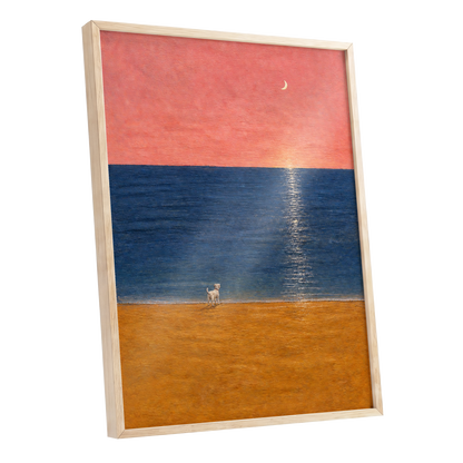 A Little Moonlit Wanderer, pink, blue, orange nature wall art shown as a oak framed poster wall art print