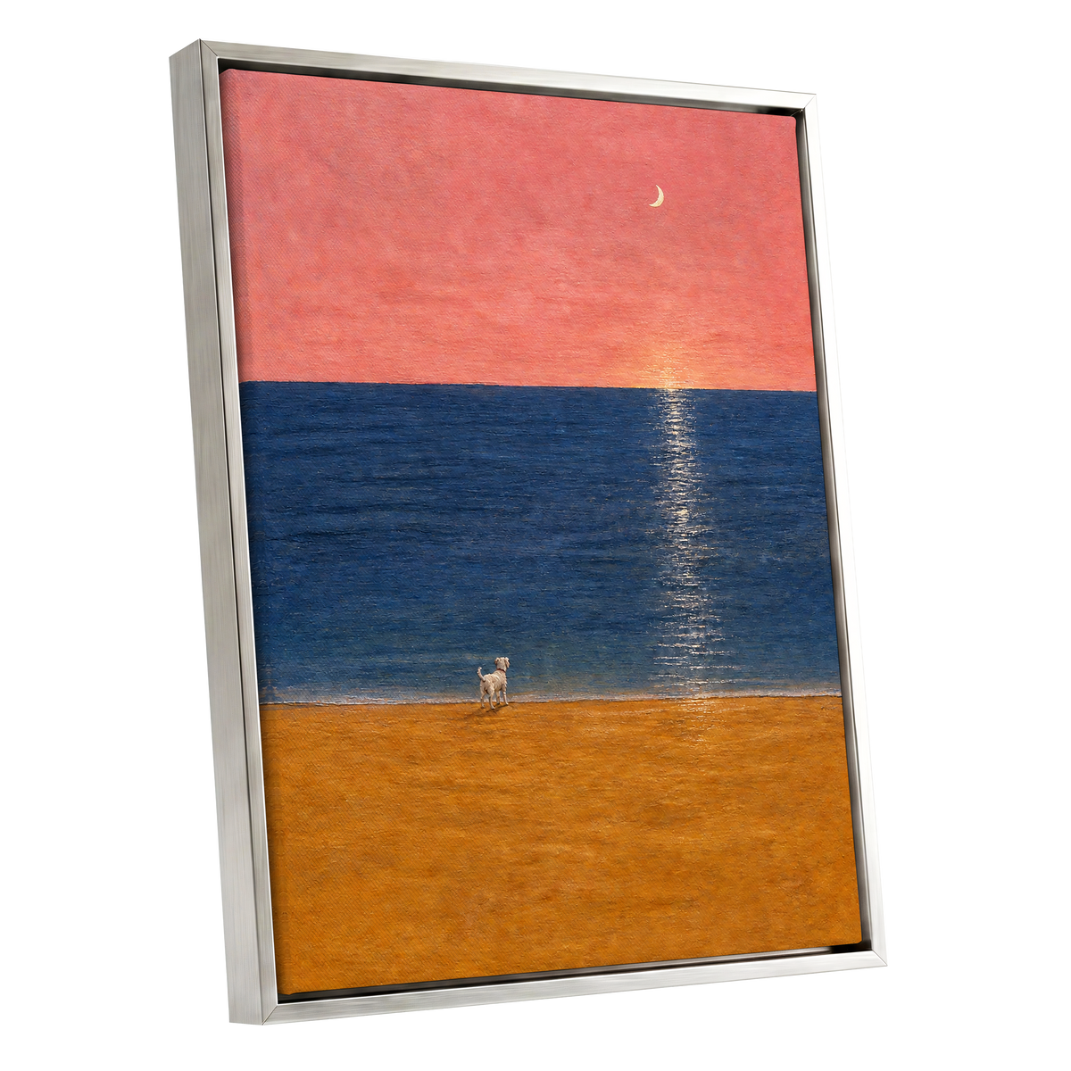 A Little Moonlit Wanderer, pink, blue, orange nature wall art shown as a silver framed canvas wall art