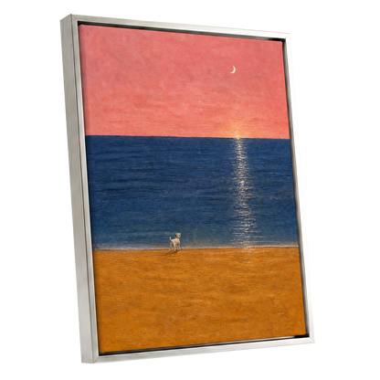 A Little Moonlit Wanderer, pink, blue, orange nature wall art shown as a silver framed canvas wall art