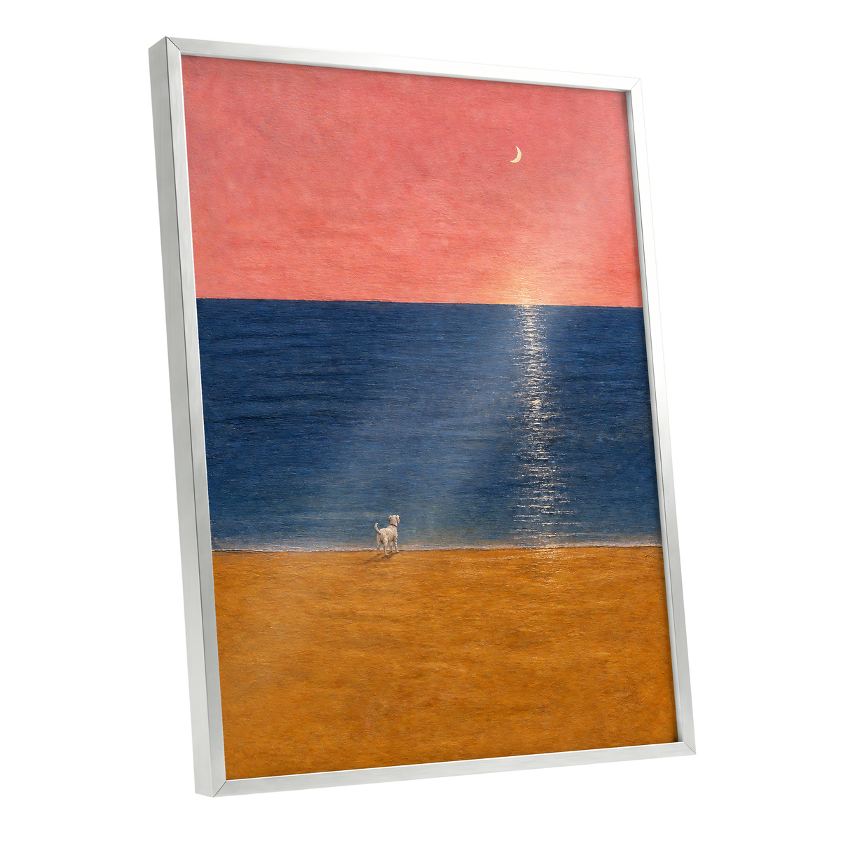 A Little Moonlit Wanderer, pink, blue, orange nature wall art shown as a silver framed poster wall art print
