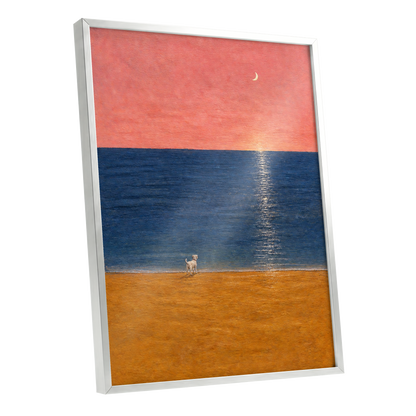 A Little Moonlit Wanderer, pink, blue, orange nature wall art shown as a silver framed poster wall art print