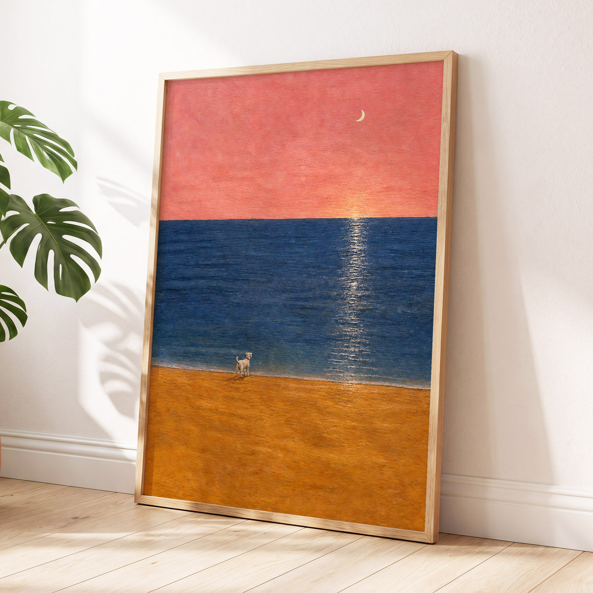 A Little Moonlit Wanderer, pink, blue, orange nature wall art displayed in a styled interior, gallery view 2