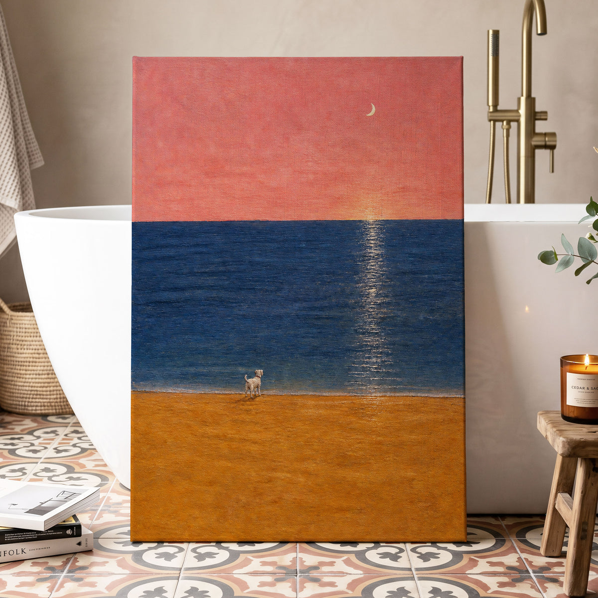 A Little Moonlit Wanderer, pink, blue, orange nature wall art displayed in a styled interior, gallery view 3