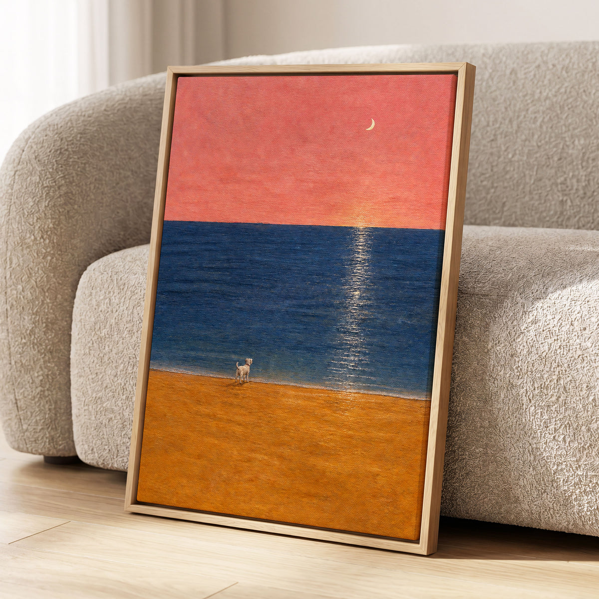 A Little Moonlit Wanderer, pink, blue, orange nature wall art displayed in a styled interior, gallery view 4
