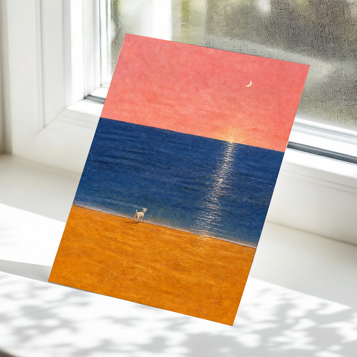 A Little Moonlit Wanderer, pink, blue, orange nature wall art displayed in a styled interior, gallery view 5