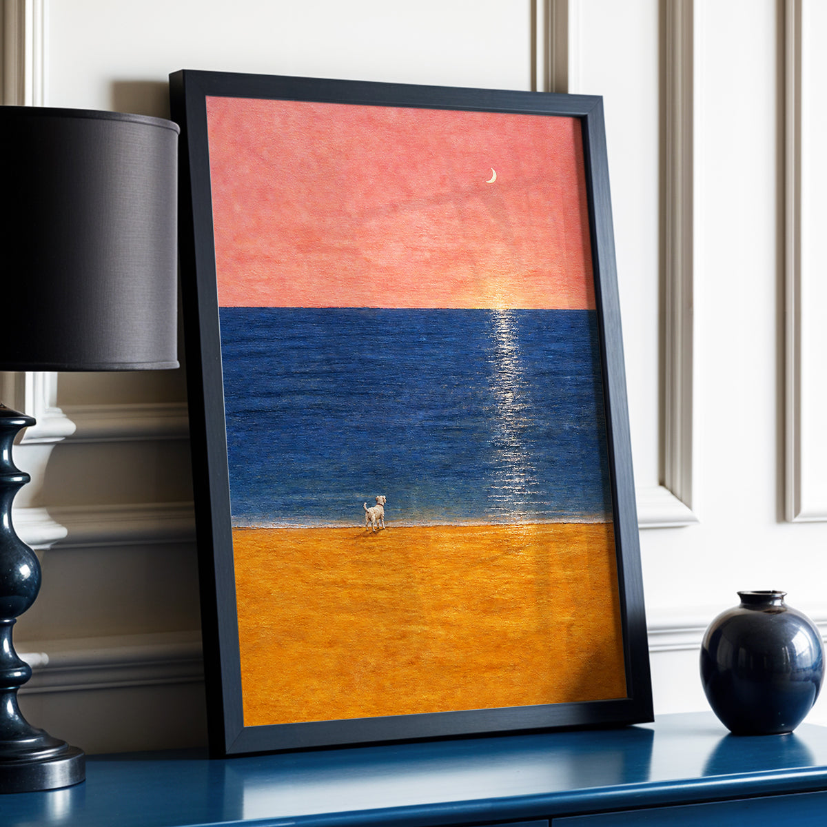 A Little Moonlit Wanderer, pink, blue, orange nature wall art displayed in a styled interior, gallery view 6