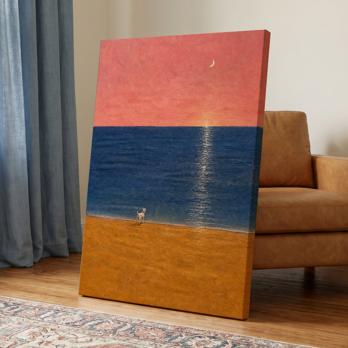 A Little Moonlit Wanderer, pink, blue, orange nature wall art displayed in a styled interior, gallery view 7
