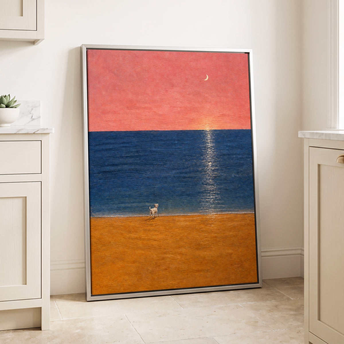 A Little Moonlit Wanderer, pink, blue, orange nature wall art displayed in a styled interior, gallery view 8