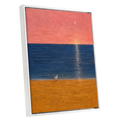 A Little Moonlit Wanderer, pink, blue, orange nature wall art shown as a white framed canvas wall art
