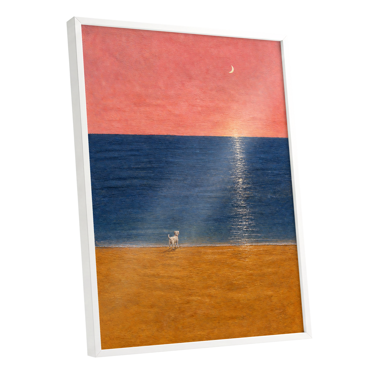 A Little Moonlit Wanderer, pink, blue, orange nature wall art shown as a white framed poster wall art print