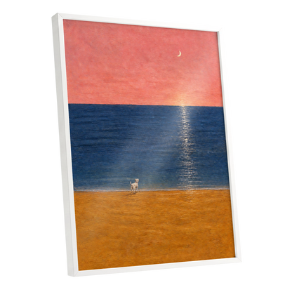 A Little Moonlit Wanderer, pink, blue, orange nature wall art shown as a white framed poster wall art print