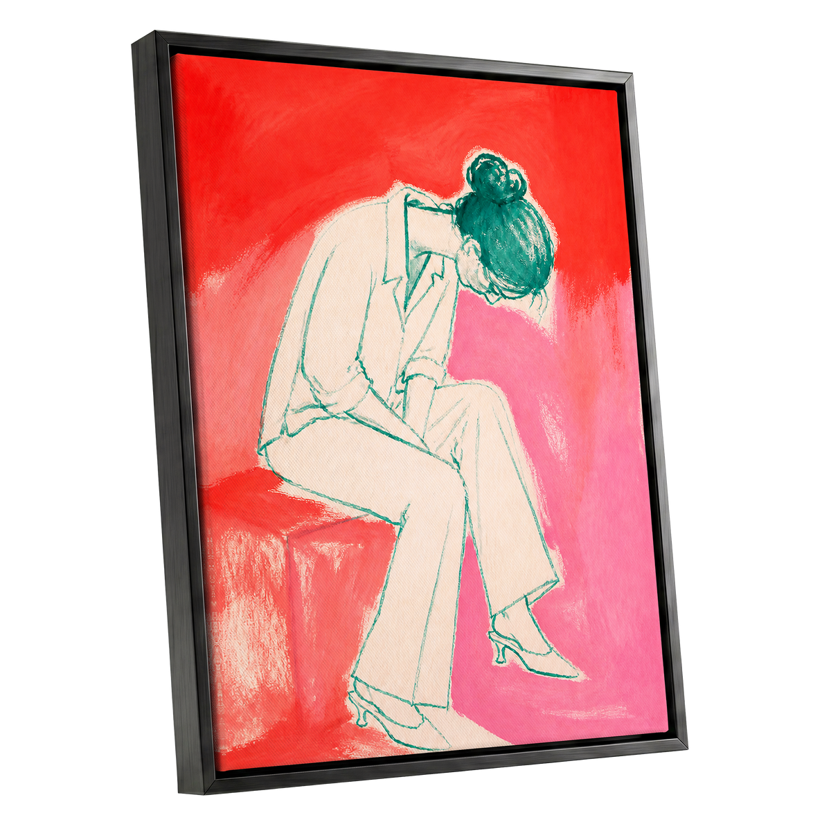 A Moment in Coral, red, pink, beige minimalist wall art shown as a black framed canvas wall art