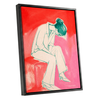 A Moment in Coral, red, pink, beige minimalist wall art shown as a black framed canvas wall art