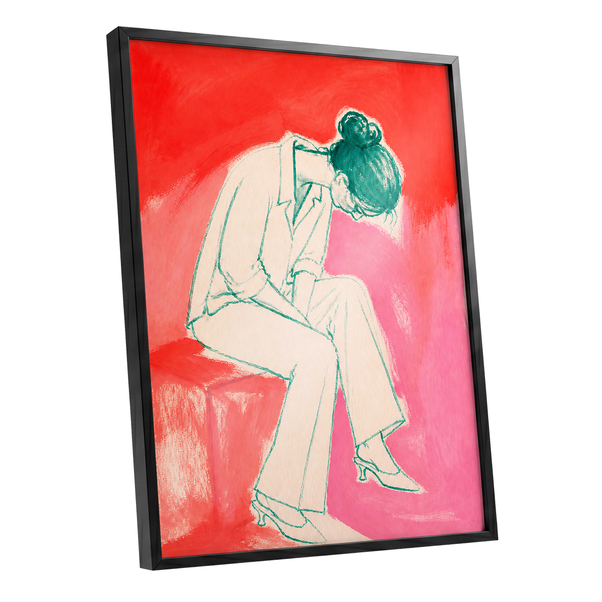A Moment in Coral, red, pink, beige minimalist wall art shown as a black framed poster wall art print