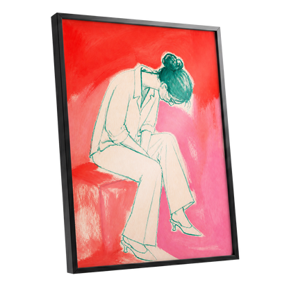 A Moment in Coral, red, pink, beige minimalist wall art shown as a black framed poster wall art print