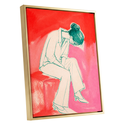 A Moment in Coral, red, pink, beige minimalist wall art shown as a gold framed canvas wall art