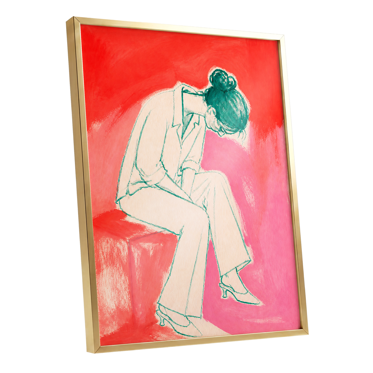 A Moment in Coral, red, pink, beige minimalist wall art shown as a gold framed poster wall art print