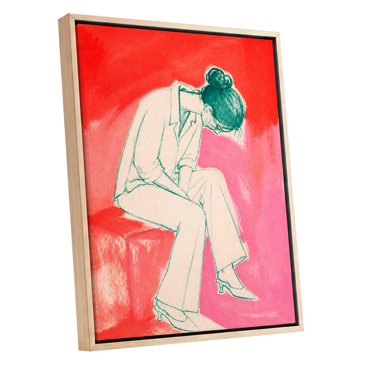 A Moment in Coral, red, pink, beige minimalist wall art shown as a oak framed canvas wall art