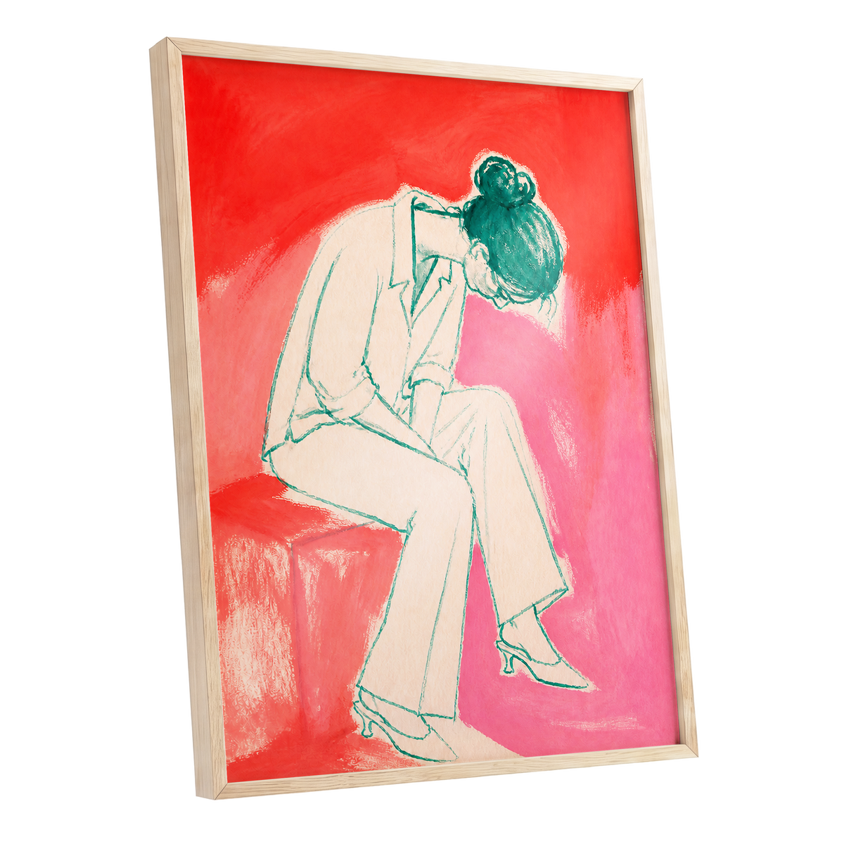 A Moment in Coral, red, pink, beige minimalist wall art shown as a oak framed poster wall art print