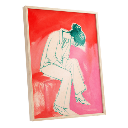 A Moment in Coral, red, pink, beige minimalist wall art shown as a oak framed poster wall art print