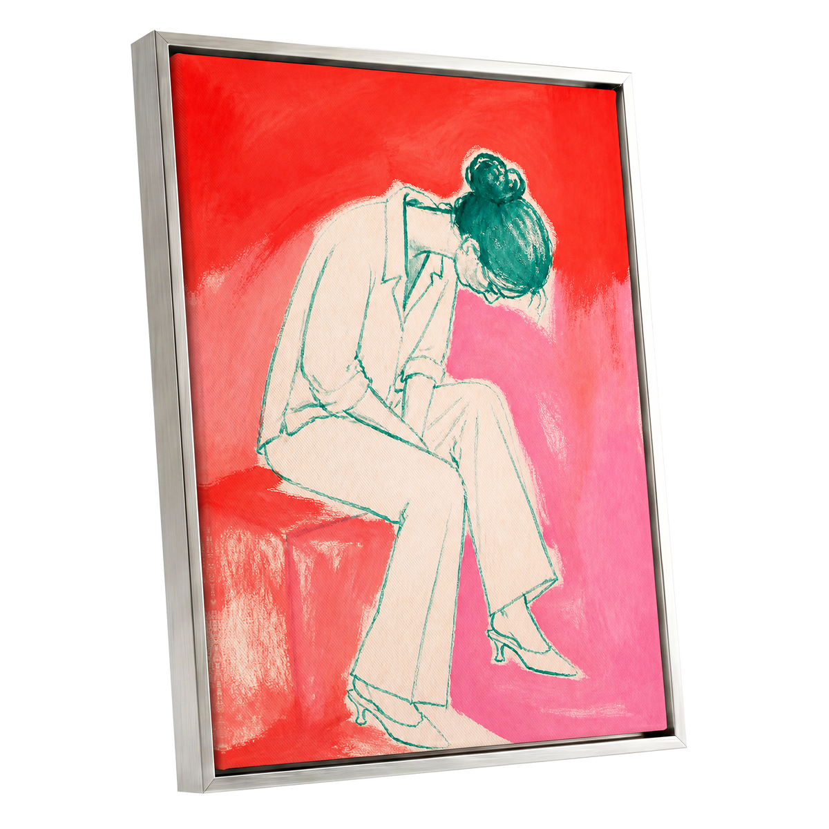A Moment in Coral, red, pink, beige minimalist wall art shown as a silver framed canvas wall art