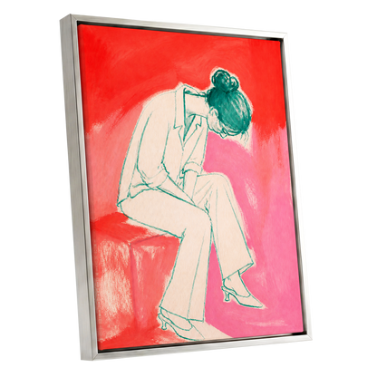 A Moment in Coral, red, pink, beige minimalist wall art shown as a silver framed canvas wall art