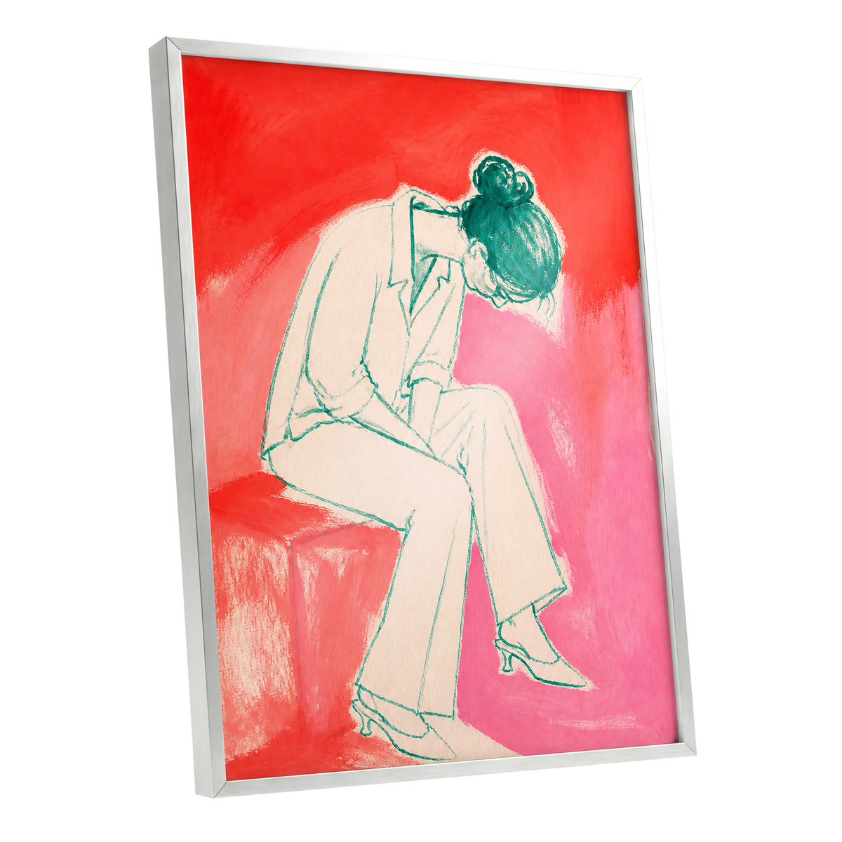 A Moment in Coral, red, pink, beige minimalist wall art shown as a silver framed poster wall art print