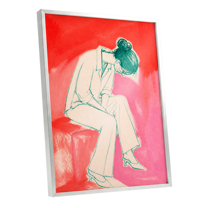 A Moment in Coral, red, pink, beige minimalist wall art shown as a silver framed poster wall art print