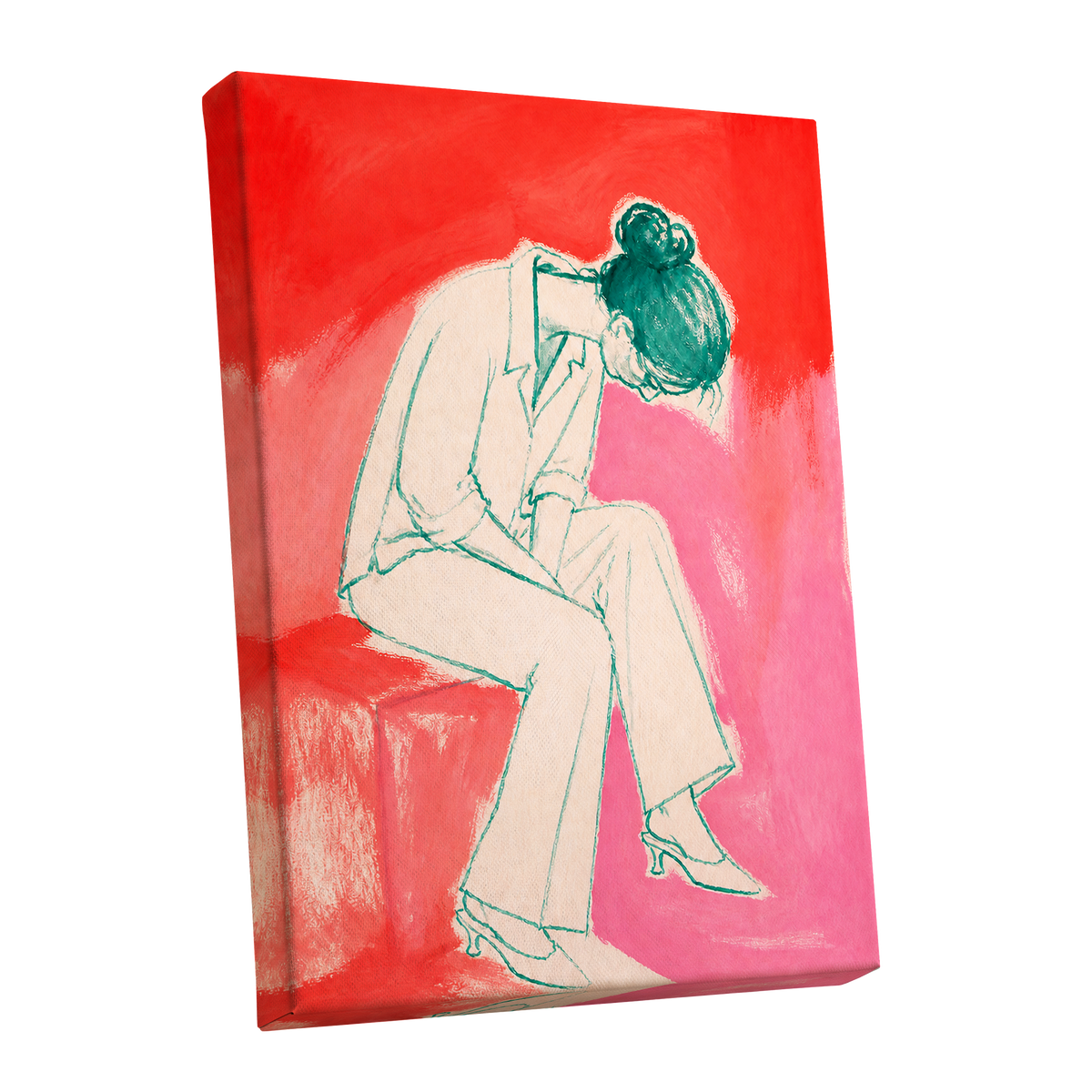 A Moment in Coral, red, pink, beige minimalist wall art shown as a stretched canvas wall art
