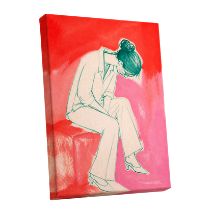 A Moment in Coral, red, pink, beige minimalist wall art shown as a stretched canvas wall art