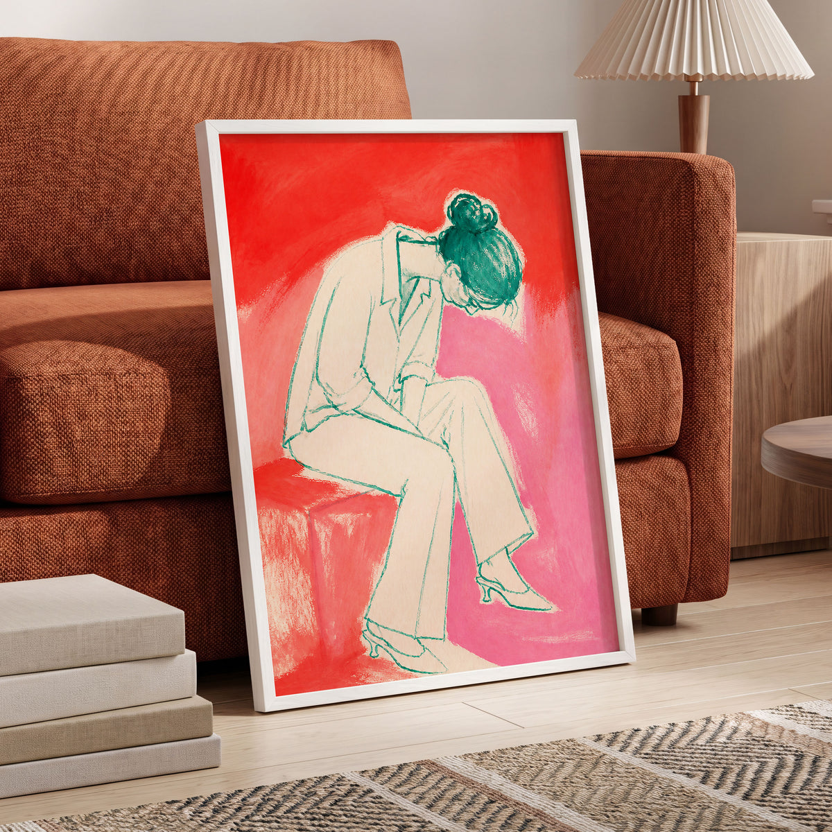 A Moment in Coral, red, pink, beige minimalist wall art displayed in a styled interior, gallery view 2