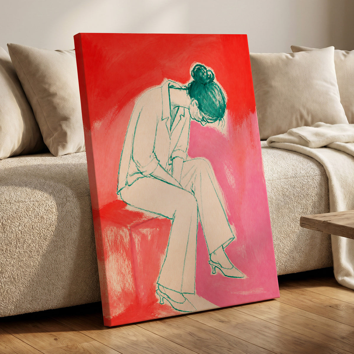 A Moment in Coral, red, pink, beige minimalist wall art displayed in a styled interior, gallery view 3