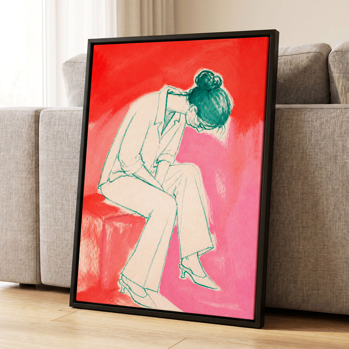 A Moment in Coral, red, pink, beige minimalist wall art displayed in a styled interior, gallery view 4