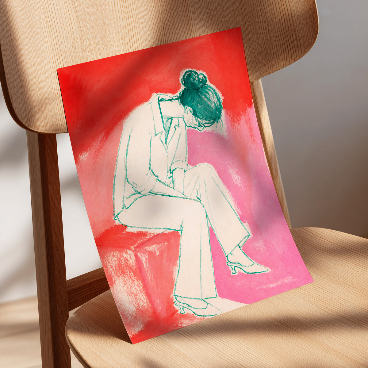 A Moment in Coral, red, pink, beige minimalist wall art displayed in a styled interior, gallery view 5