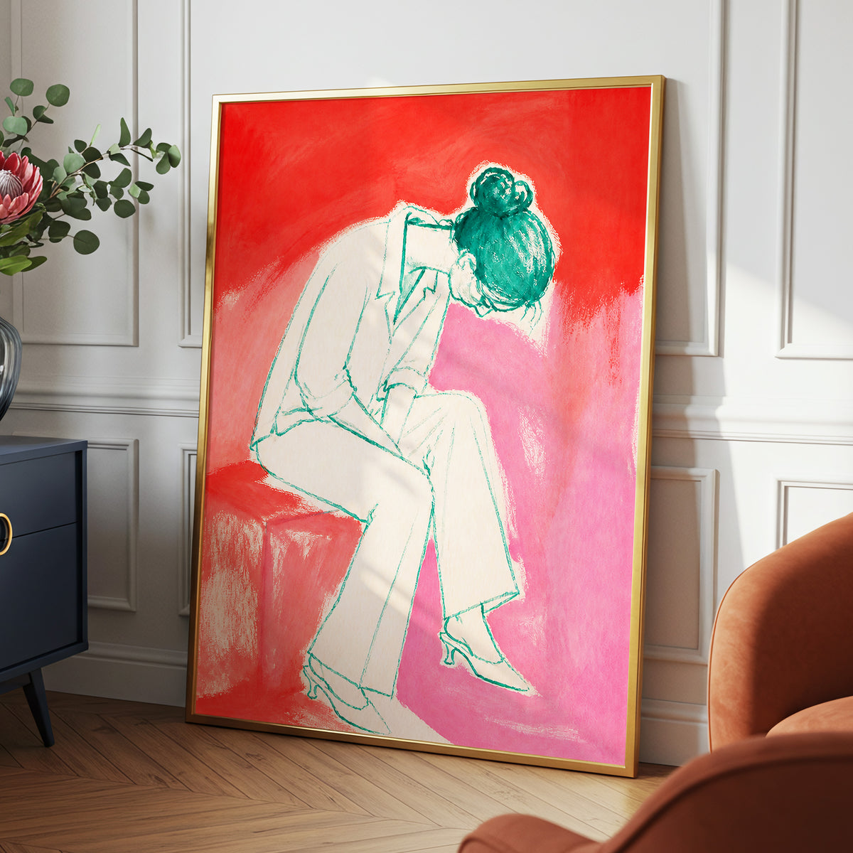 A Moment in Coral, red, pink, beige minimalist wall art displayed in a styled interior, gallery view 6