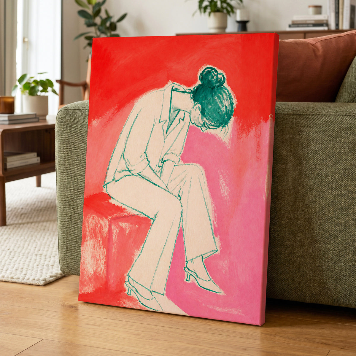A Moment in Coral, red, pink, beige minimalist wall art displayed in a styled interior, gallery view 7