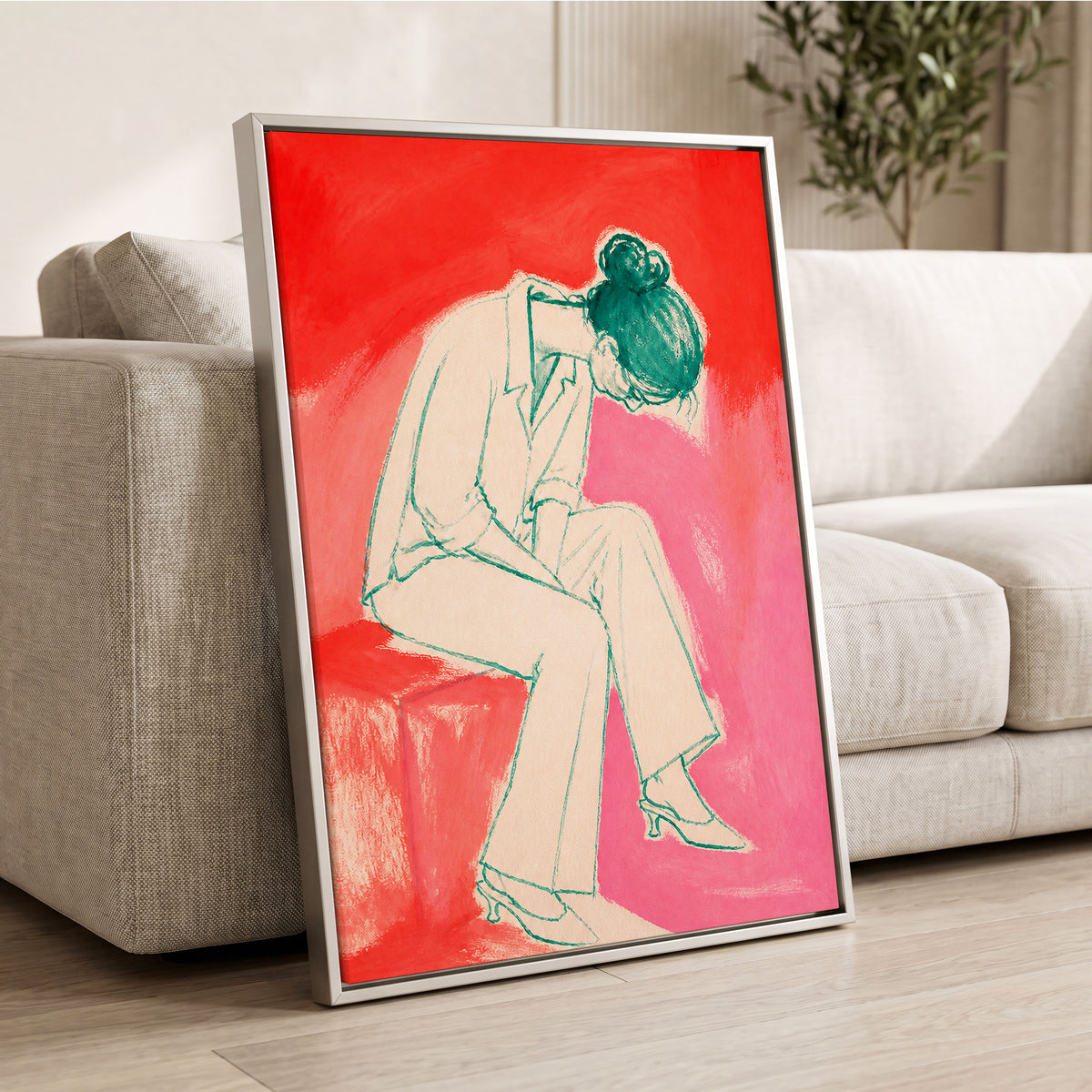 A Moment in Coral, red, pink, beige minimalist wall art displayed in a styled interior, gallery view 8