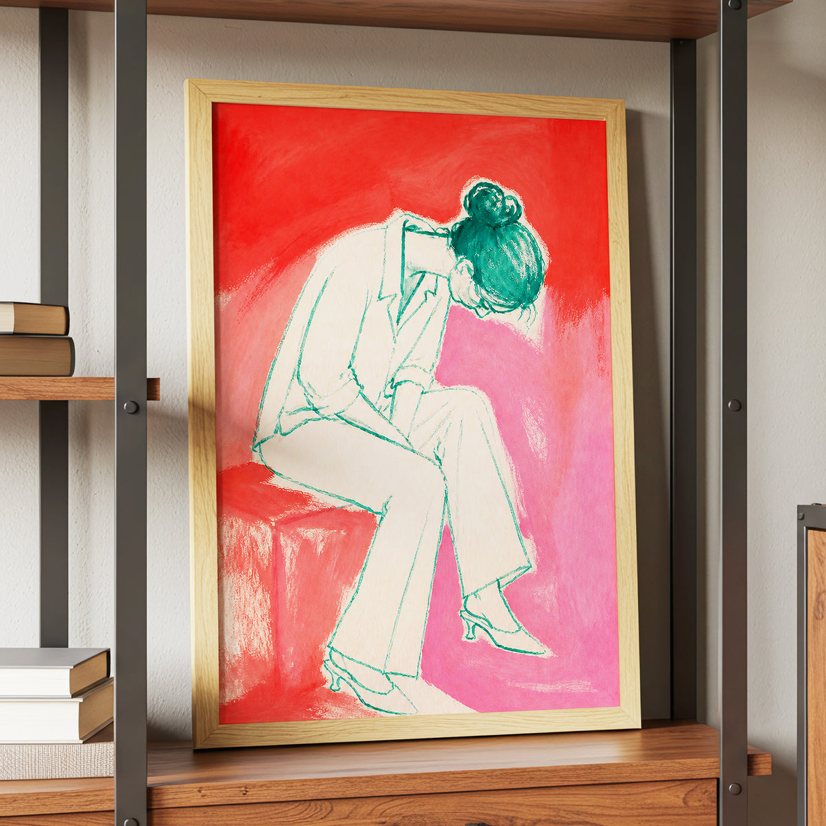 A Moment in Coral, red, pink, beige minimalist wall art displayed in a styled interior, gallery view 9