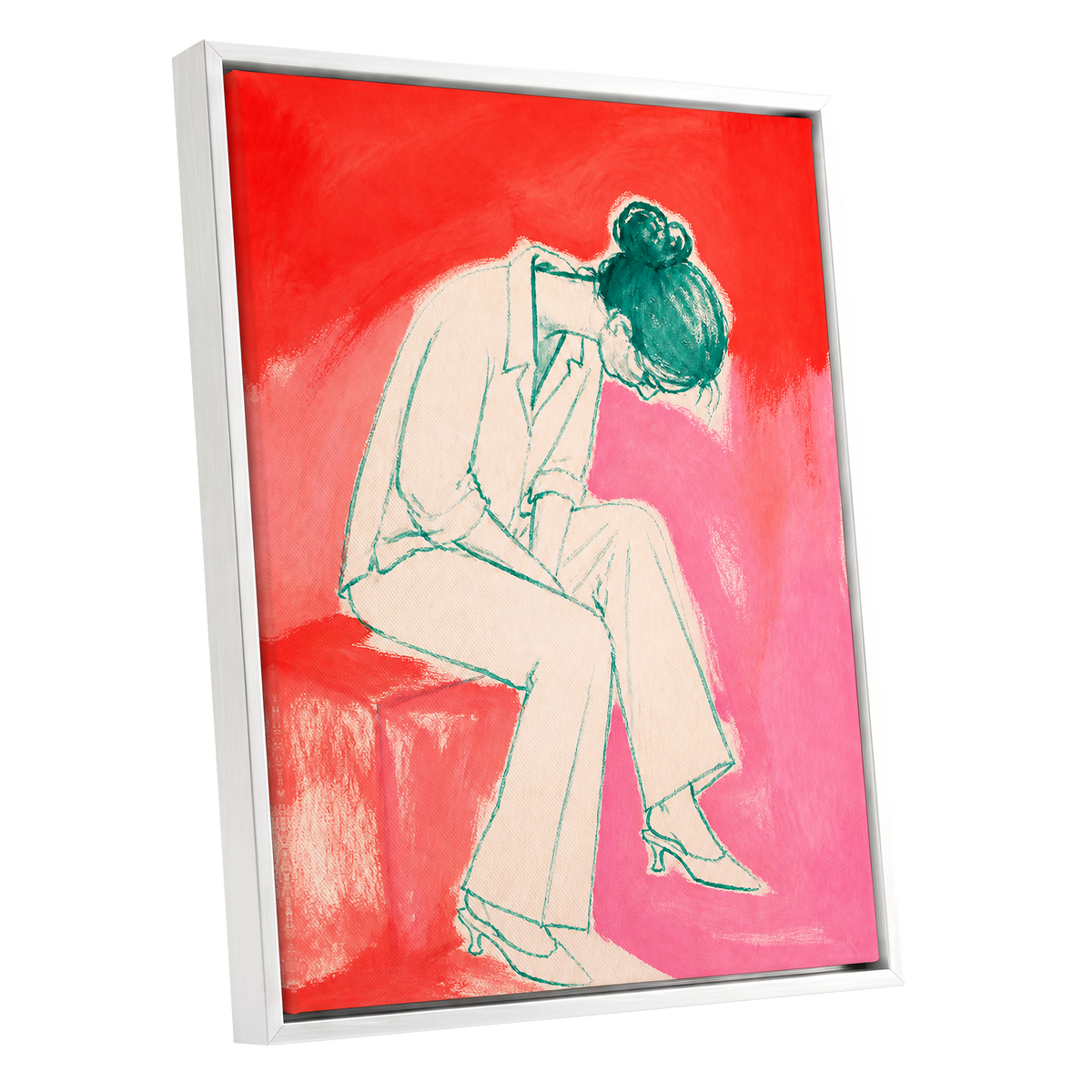 A Moment in Coral, red, pink, beige minimalist wall art shown as a white framed canvas wall art