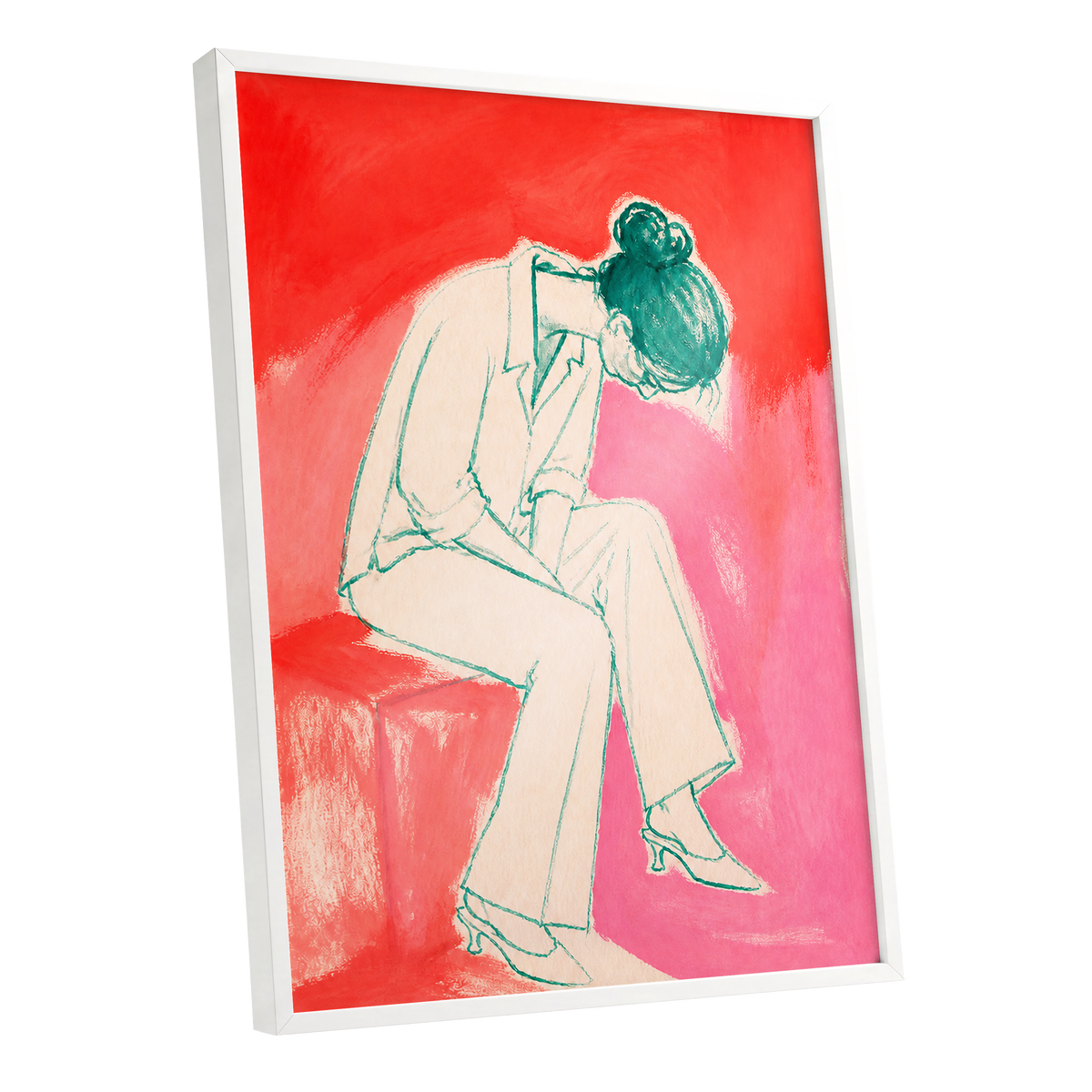 A Moment in Coral, red, pink, beige minimalist wall art shown as a white framed poster wall art print