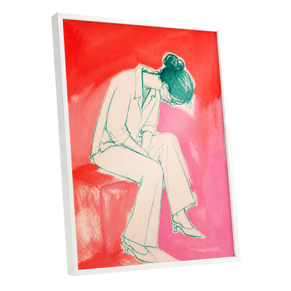 A Moment in Coral, red, pink, beige minimalist wall art shown as a white framed poster wall art print