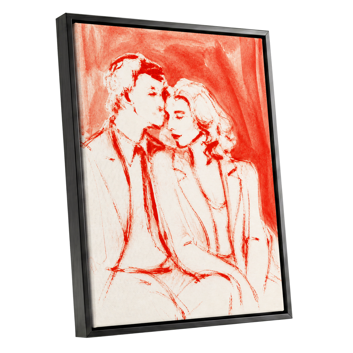 A Moment in Scarlet, red, pink, beige abstract wall art shown as a black framed canvas wall art