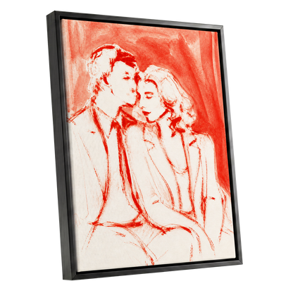 A Moment in Scarlet, red, pink, beige abstract wall art shown as a black framed canvas wall art