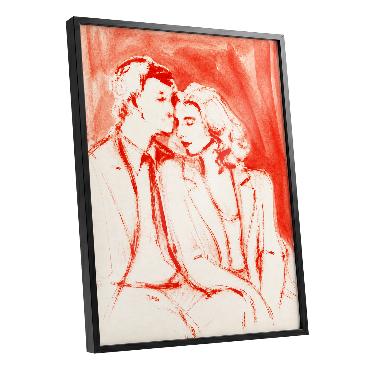 A Moment in Scarlet, red, pink, beige abstract wall art shown as a black framed poster wall art print