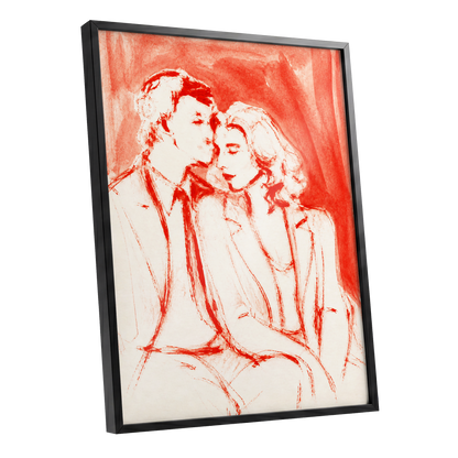 A Moment in Scarlet, red, pink, beige abstract wall art shown as a black framed poster wall art print