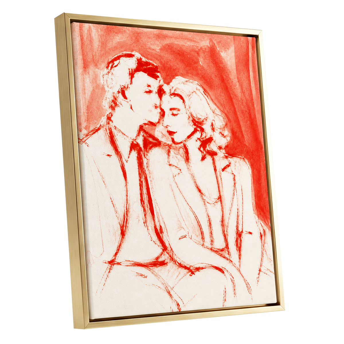 A Moment in Scarlet, red, pink, beige abstract wall art shown as a gold framed canvas wall art