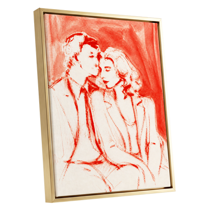 A Moment in Scarlet, red, pink, beige abstract wall art shown as a gold framed canvas wall art