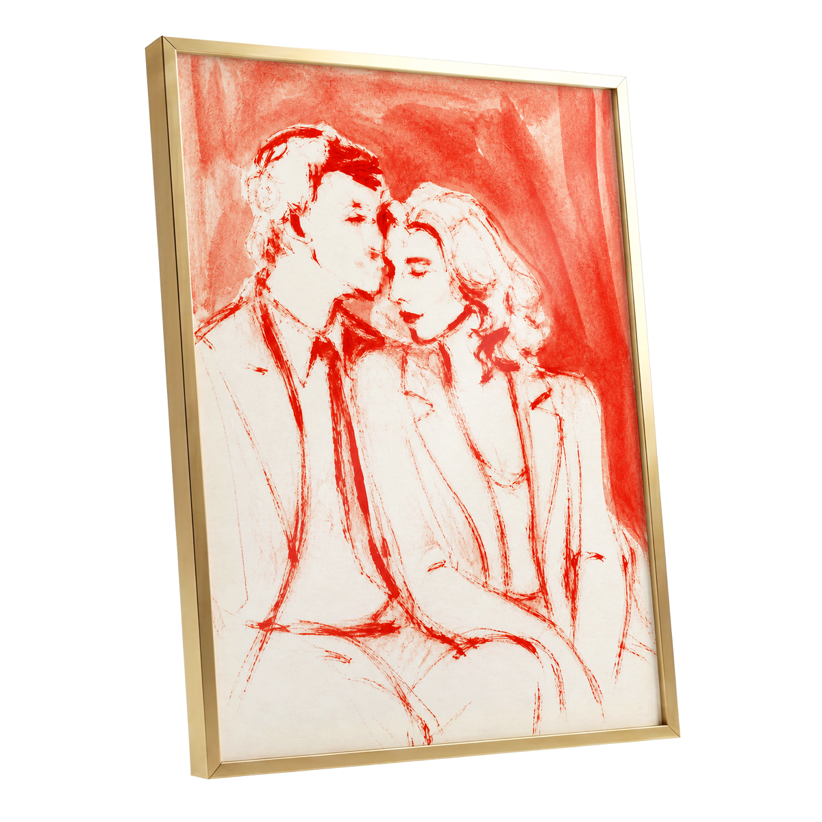 A Moment in Scarlet, red, pink, beige abstract wall art shown as a gold framed poster wall art print
