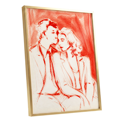 A Moment in Scarlet, red, pink, beige abstract wall art shown as a gold framed poster wall art print